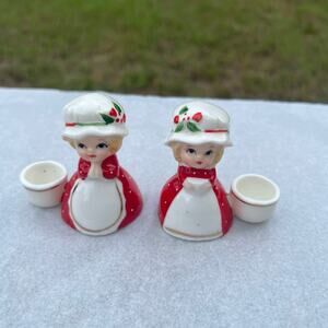 WOW! Adorable Vintage Treasure Masters Christmas Holly Girls 2 Candle Holders
